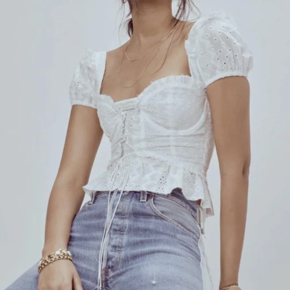 For Love & Lemons Charlotte Eyelet Lace Up Blouse